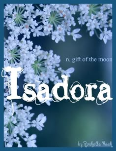 the words isadora written in white on a blue background with flowers and leaves