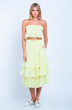 Yellow Strapless Midi Dress White Strapless Midi Dress, Style Midi Skirt, Yellow Two Piece, Midi Dress White, Overlay Top, Boho Pink, Two Piece Jumpsuit, Boho Boutique, Strapless Midi Dress