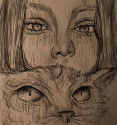 a drawing of a woman's face and cat's eyes