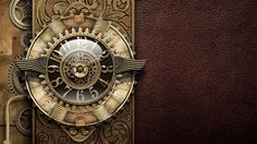 a clock with gears attached to the side of a brown leather wallpapered surface