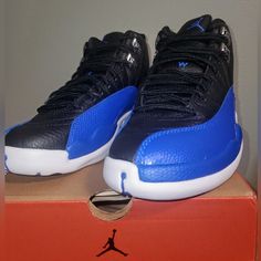 Jordan 12's Brand New In Box Retro Hyper Royal/Black Woman's Size 5.5 Black High-top Basketball Shoes With Padded Tongue, Black Synthetic Jordan Shoes With Contrast Sole, Black Low-top Basketball Shoes With Padded Tongue, Synthetic Basketball Shoes With Padded Tongue, Jordan 12s, Air Jordan 12, Shoes Nike Air, Air Jordan 12 Retro, Jordan 12 Retro