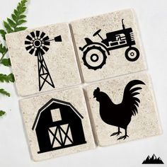 four coasters with farm scenes on them