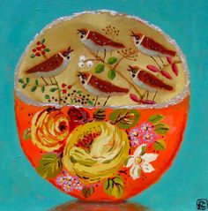 a painting of birds sitting on top of an orange bowl with flowers and leaves in it