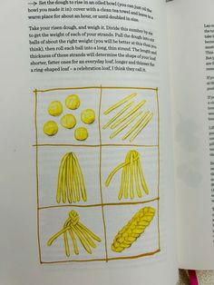 an open book with pictures of different types of vegetables and their names in yellow ink