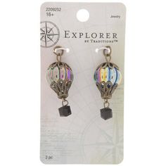 a pair of earrings in the shape of hot air balloons