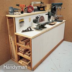 a workbench with many tools on it