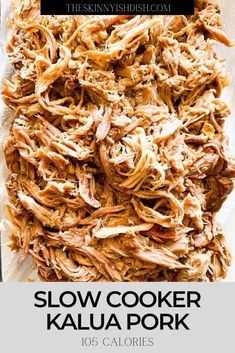 slow cooker kalua pork on a white plate with the title above it