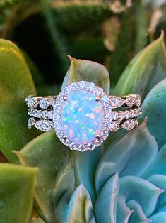 an opal and diamond ring sits on top of a succulent