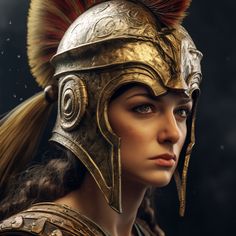 a close up of a woman wearing a helmet with feathers on it's head