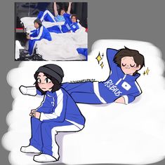 two pictures of people dressed in blue and white, one with his foot on the ground