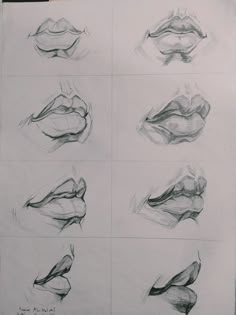 six different angles of lips drawn in pencil