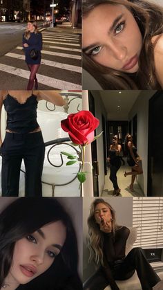 the collage shows different images of women in black outfits and one woman with a red rose