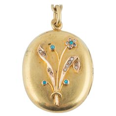 This rare Russian 14k yellow gold locket from St. Petersburg, circa 1900 was created during the Romanov era of Tsar Nicholas II. The front of the oval yellow gold locket applied with a rose gold bouquet set with rose diamonds and turquoise cabochons, opening to reveal two vacant compartments. 1 9/16 in. ( 4 cm.) long including suspension ring; locket alone measures 1 3/16 x 1 x 1/4 in. (3 x 2.5 x .6 cm.) (l x w x h). Chain and pin not included. Russian gold rope chain illustrated is 25 inches lo Victorian Yellow Gold Locket Necklace For Formal Occasions, Victorian Yellow Gold Locket Necklace For Anniversary, Victorian Yellow Gold Medallion Locket Necklace, Victorian Yellow Gold Locket Necklace With Filigree, Ornate Yellow Gold Hallmarked Locket Necklace, Victorian Yellow Gold Pendant Locket Necklace, Victorian Filigree Locket Necklace In Yellow Gold, Victorian Yellow Gold Locket Necklace, Victorian Filigree Yellow Gold Locket Necklace