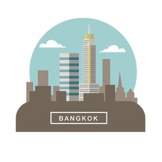 a city skyline with the words bangkok in front of it and an image of a tall building