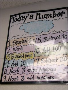 a sign on the wall that says today's number and 5 subtract words