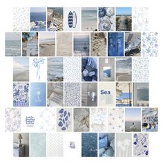 a collage of blue and white images with the words sea written in it's center