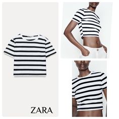 Cropped T-Shirt Made Of A Cotton Blend. Round Neck And Short Sleeves. Black / White Zara Tshirt, Cropped T Shirt, Crop Tshirt, Zara Black, Zara Tops, Zara Women, White Stripe, Colorful Shirts, Round Neck