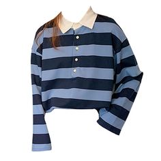 Blue Collared Tops For College, Striped Long Sleeve Tops For College, Collared Fall Tops For College, Blue Tops With Striped Collar For Fall, Fall Collared Tops For College, Blue Top With Striped Collar For Fall, Fall College Collared Tops, Blue Tops With Striped Collar And Relaxed Fit, Blue Oversized Top With Striped Collar