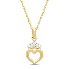 This adorable Disney children's necklace features a 14K yellow gold pendant, which showcases a heart silhouette and rhodium-plated crown. The princess pendant is suspended from a 13-inch rope chain and secures with a spring ring clasp. Heart Tiara, Whimsical Heart, Kay Jewelry, Crown Necklace, Kay Jewelers, Princess Crown, Disney Jewelry, Yellow Gold Pendants, Disney Princesses