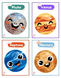 four different types of planets with faces and words on them, including venus, saturn, pluto