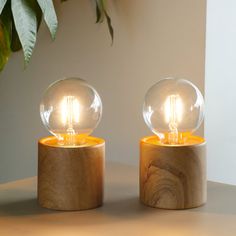 two light bulbs sitting on top of a wooden stand