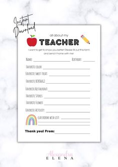 a teacher appreciation note with an apple and pencil on the top, in front of a marble