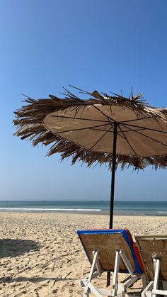 two chairs and an umbrella on the beach