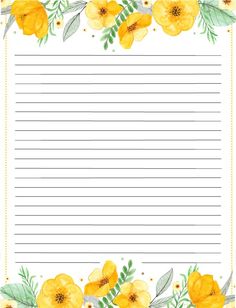 a yellow flower lined paper with green leaves and flowers on the border, in front of a