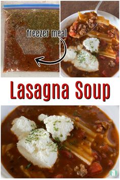 the recipe for lasagna soup is shown in three different pictures, including meat and vegetables