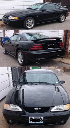 two pictures of a black car parked in front of a garage