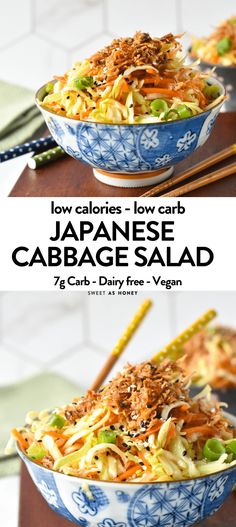 japanese cabbage salad with carrots, green onions and sesame seeds in a blue bowl