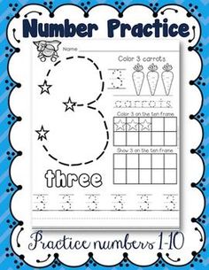 the number three worksheet for numbers 1 - 10 is shown in blue and white