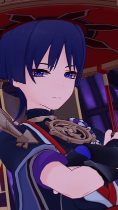 an anime character with blue hair holding a red umbrella