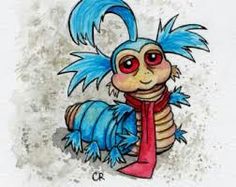 an ink drawing of a cartoon character with blue hair and red eyes wearing a scarf