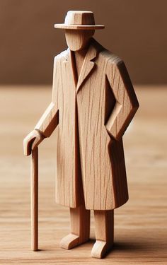 a wooden man with a hat and cane standing on a wood floor in front of a brown background