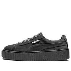 The Puma Fenty x Womens WMNS Velvet Creeper 'Glacier Grey' is a modern update to the classic creeper silhouette. Inspired by the punk and rockabilly styles of the past, this shoe features a luxe velvet upper in a deep grey tone. The minimal branding on the tongue, side and heel allow the shoe to retain its classic look, while the Puma formstrip hitting both sides gives it a modern edge. The extra-thick ridged sole provides both style and comfort, making this shoe perfect for any fashion-savvy in Velvet Creepers, Puma Fenty, Minimal Branding, Rockabilly Fashion, Fenty Puma, Deep Gray, Grey Tones, Creepers, Skate Shoes