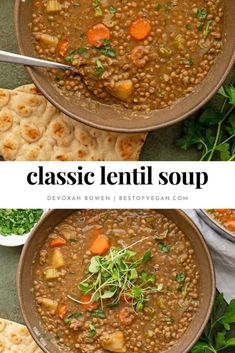 two bowls filled with lentil soup next to pita bread and garnished with parsley