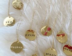 This necklace features hand-stamped in a lower-case typewriter font on a 1-inch aluminum pendant. Pick from a variety of chain types and lengths; all are great on their own or layered. Great for a gift or for yourself. ADDITIONAL DETAILS•18k gold fill chain and 18k gold plated pendant 18” length Chain Types, Vintage Slip Dress, Vintage Jumpsuit, Typewriter Font, Perfect White Tee, Vintage Slips, Lower Case, Cardigan Outfits, Accessories Jewelry Necklace