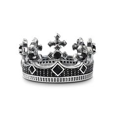 Jeulia "Be My Queen" Black Crown Sterling Silver Women's Band - Jeulia Jewelry Wedding Bands For Couples, Stone Crown, Delicate Wedding Ring, Royal Rings, Mens Earrings Hoop, Signet Ring Men, Black Crown, Symbolic Jewelry, Crown Ring