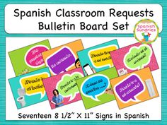 spanish classroom requests bulletin board set with speech bubbles and pictures for students to use