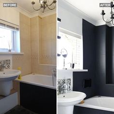 before and after photos of a bathroom remodel with white fixtures, black walls, and beige tile