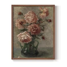 an oil painting of pink roses in a vase on a white wall with a brown frame