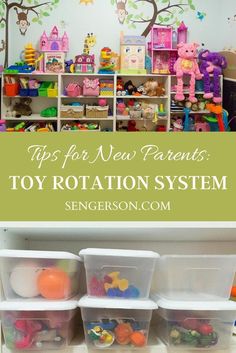 toys for new parents toy rottation system with storage bins and shelves filled with toys