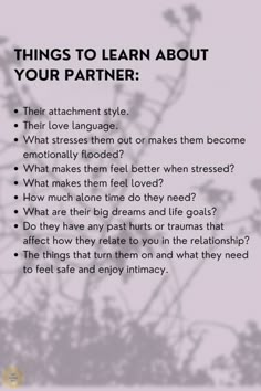 an image with the words things to learn about your partner