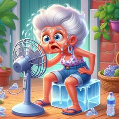 an old woman sitting on top of a table next to a fan and bottle of water