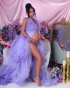 Maternity Shoot Butterflies, Purple Baby Shower Dress For Mom, Butterfly Theme Maternity Shoot, Butterfly Maternity Shoot Black Women, Purple Maternity Photoshoot, Butterfly Maternity Shoot, Creative Maternity Shoot Ideas, Lavender Maternity Dress, Maternity Shoot Black Women