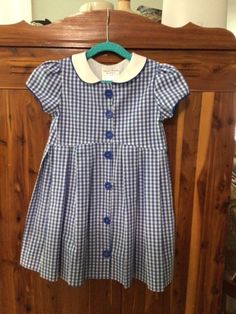 Great Back to School Checked dress with white collar. Bodice is lined. Skirt is pleated all around. Very vintage looking dress. Collar is piped with blue. Buttons up front with bright blue buttons. Cap sleeves are lined with gathers at shoulders. Skirt has 3 in hem. Bodice is curved slightly in front making for additional vintage look. Size 6 - Ready to Ship Vintage Collar Dress, Collared Dress Outfit, Moodboard Manifestation, Dress With White Collar, Checked Dress, Dress Collar, People Clothes, Crazy Outfits, Yellow Outfit