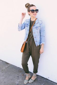 Olive Green Jumpsuit Outfit, Green Jumpsuit Outfit, Rainy Outfit, Jumpsuit Outfit Casual, Rainy Day Outfits, Rainy Day Outfit For Work, Olive Green Jumpsuit, Jumpsuit Outfits, Jean Jacket Outfits