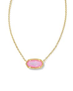 Kendra Scott Elisa short pendant necklace featuring blush ivory mother of pearl framed in 14-karat yellow gold plated over brass. 15' CHAIN WITH 2" EXTENDER, 0.67"L X 0.38"W PENDANT Light Pink Kendra Scott Necklace, Kendrick Scott Necklace, Kender Scott, Kendra Scott Necklace Aesthetic, Every Jewels