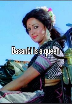 a woman sitting on top of a motorcycle with the words basaniti is a queen